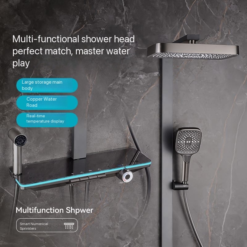 Nozzle Brass - Graues Klaviertasten-Ambientelicht Badezimmer-Duschset Digitales Display Duschsystem