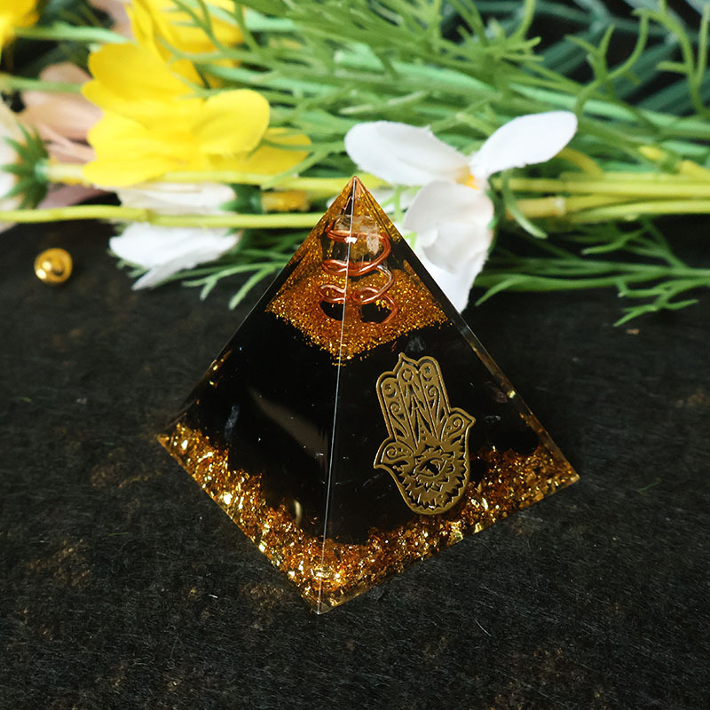 Resin - Hamsa-Hand Harz-Kristallpyramide Schwarzer Obsidian Orgonit-Pyramide Energiemeditation